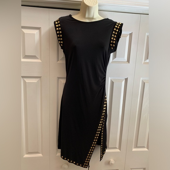 Michael Kors Black Gold Studded Asymmetrical Shift Dress Women's